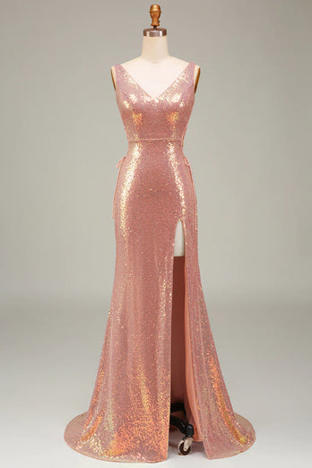 Sparkly Blush Mermaid Sequined V Neck Long Prom Dress With Slit