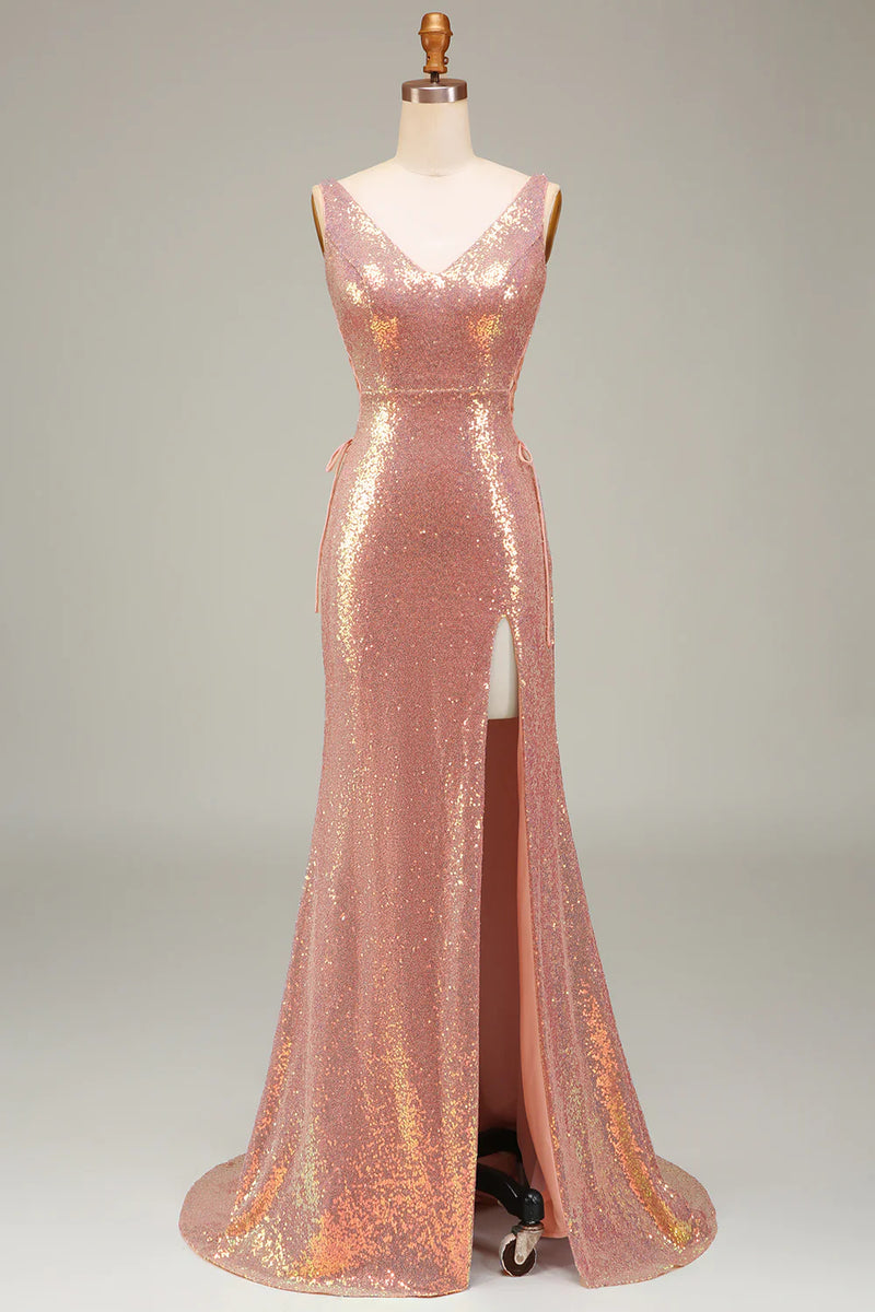 Load image into Gallery viewer, Sparkly Blush Mermaid Sequined V Neck Long Prom Dress With Slit