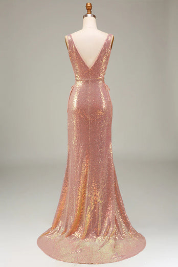 Sparkly Blush Mermaid Sequined V Neck Long Prom Dress With Slit