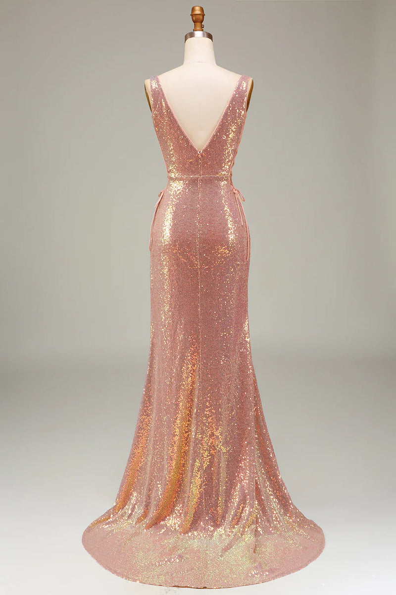 Load image into Gallery viewer, Sparkly Blush Mermaid Sequined V Neck Long Prom Dress With Slit