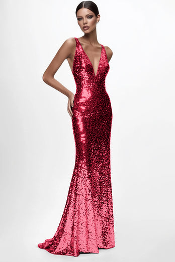 Sparkly Silver Sequin Sheath V-Neck Long Formal Dress