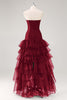 Load image into Gallery viewer, Simple Burgundy Strapless Tulle Tiered Long Black Tie Dress