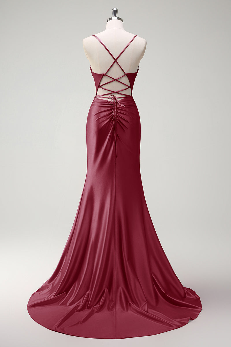 Load image into Gallery viewer, Sparkly Fuchsia Mermaid Corset Beaded Long Prom Dress with Slit