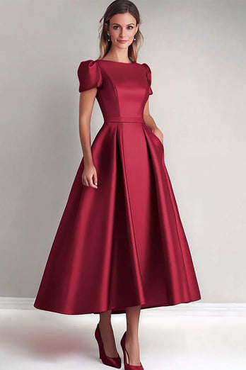 Fuchsia A Line Puff Sleeves Satin Mother of the Bride Dress