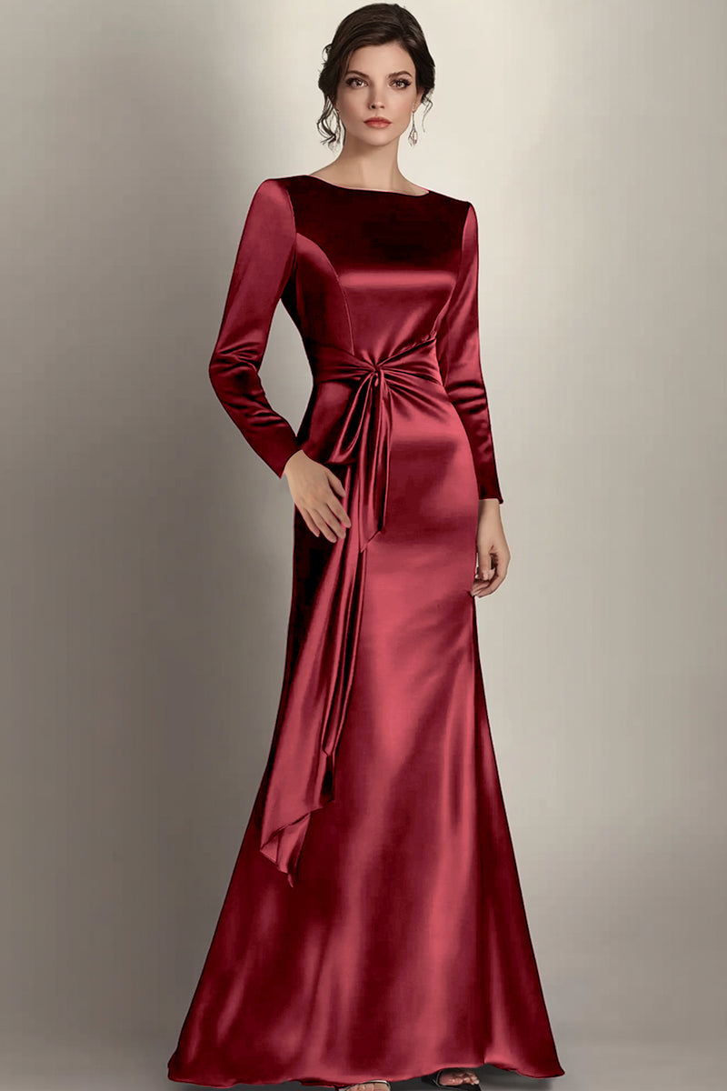 Load image into Gallery viewer, Black Satin Sheath Long Sleeves Mother of the Bride Dress with Side Waist