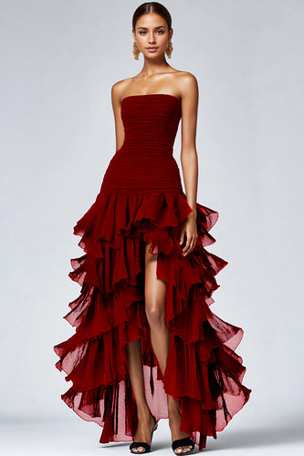 Simple Burgundy Strapless Tulle Tiered Long Black Tie Dress