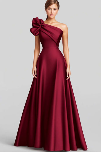 Navy One Shoulder A Line Satin Long Formal Dress