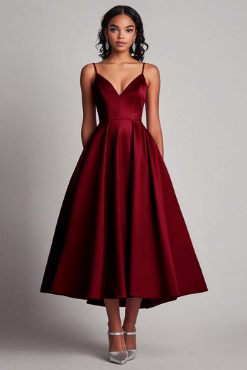 Red Spaghetti Straps Asymmetrical Tea Length Long Formal Dress