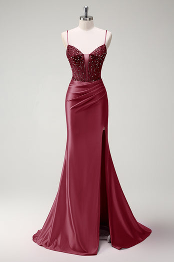 Sparkly Fuchsia Mermaid Corset Beaded Long Prom Dress with Slit