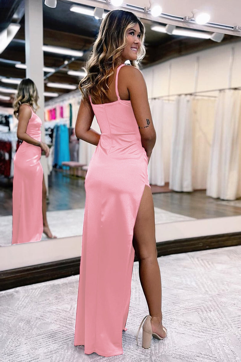 Load image into Gallery viewer, Hot Pink Satin V-Neck Simple Prom Dress with Slit