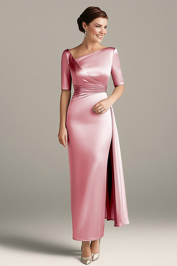 Silver Grey Asymmetrical Ruched Satin Mother of the Bride Dress