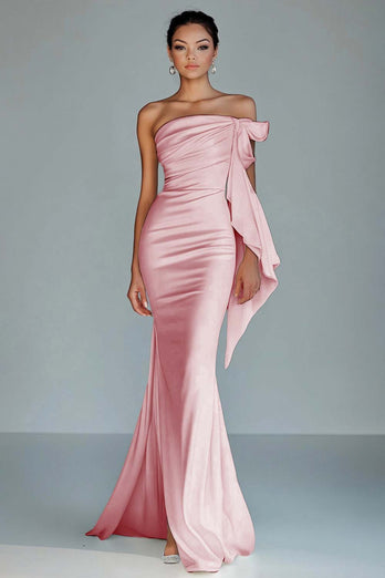 Queendancer Women Candy Pink  Satin Formal Dress with Slit Sheath Strapless Ruched Long Evening Dress