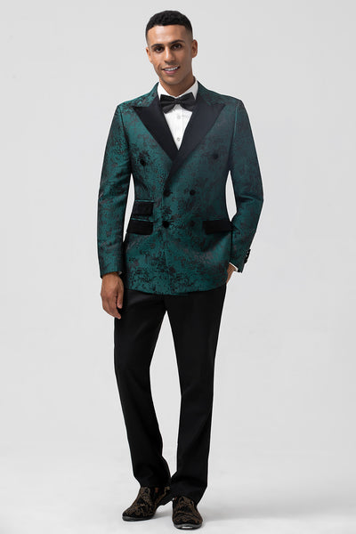 Dark Green Peak Lapel 2 Piece Double Breasted Jacquard Prom Suits