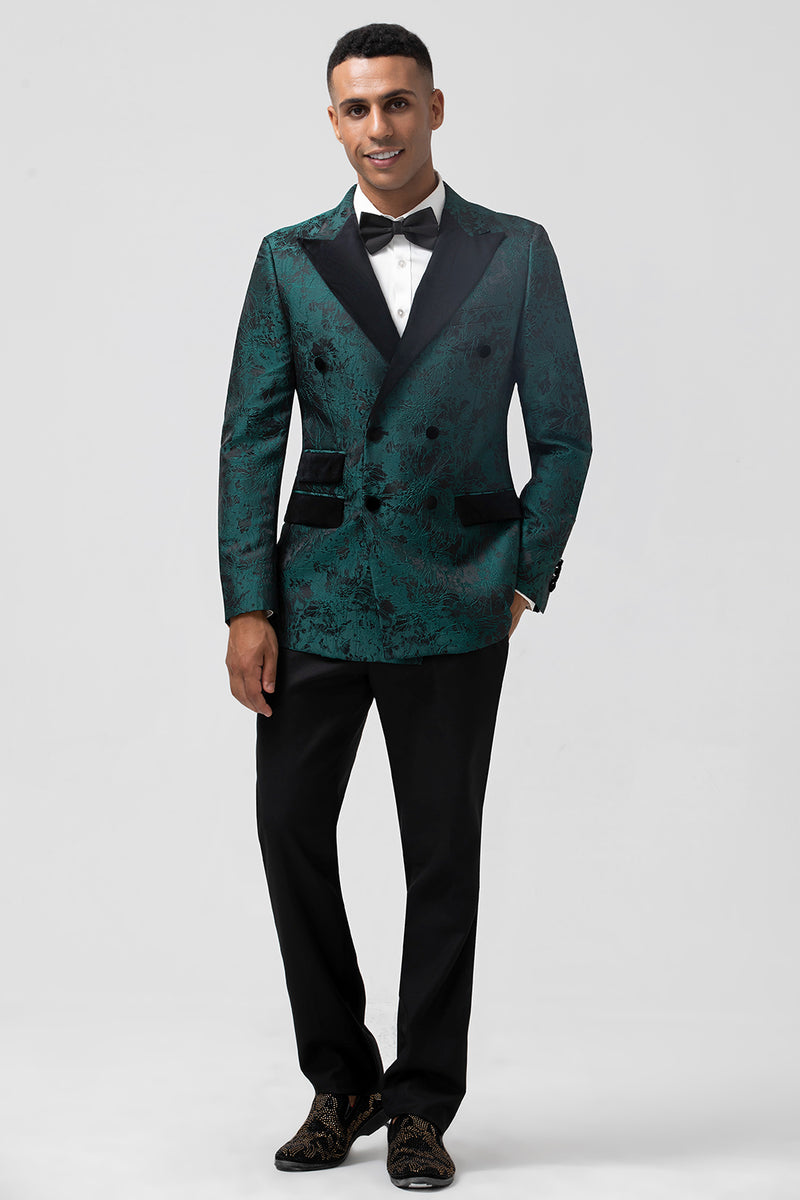 Load image into Gallery viewer, Dark Green Peak Lapel 2 Piece Double Breasted Jacquard Prom Suits