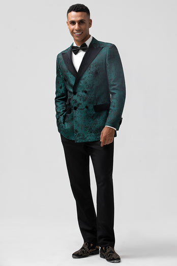 Dark Green Peak Lapel 2 Piece Double Breasted Jacquard Prom Suits