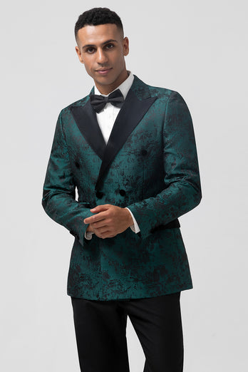 Dark Green Peak Lapel 2 Piece Double Breasted Jacquard Prom Suits