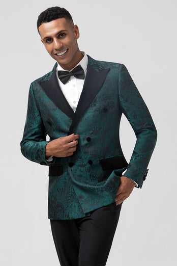 Dark Green Peak Lapel 2 Piece Double Breasted Jacquard Prom Suits