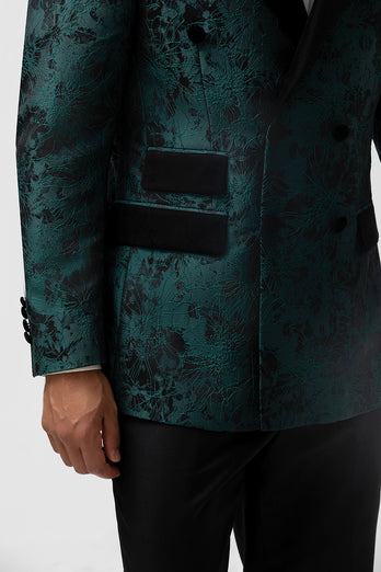 Dark Green Peak Lapel 2 Piece Double Breasted Jacquard Prom Suits