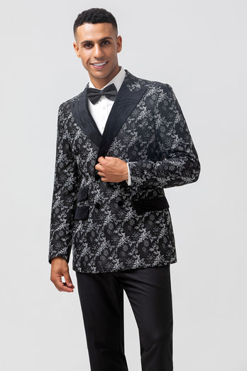 Peak Lapel Black Double Breasted Jacquard 2 Piece Prom Suits