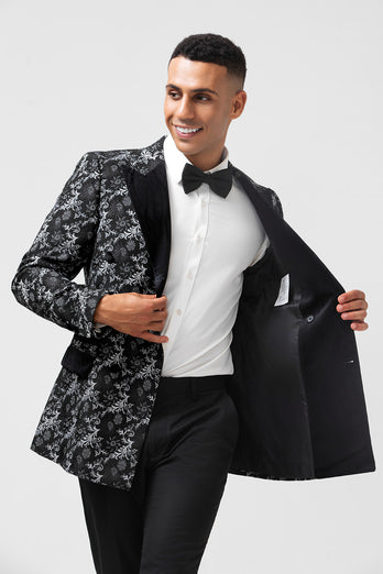 Peak Lapel Black Double Breasted Jacquard 2 Piece Prom Suits