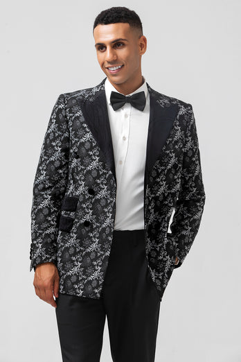 Peak Lapel Black Double Breasted Jacquard 2 Piece Prom Suits