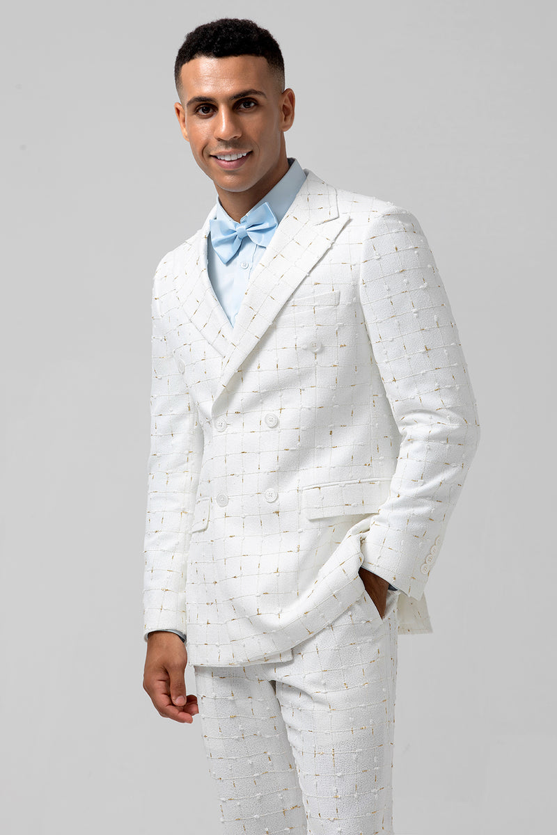 Load image into Gallery viewer, Peak Lapel White Plaid Single Breasted 2 Piece Prom Suits