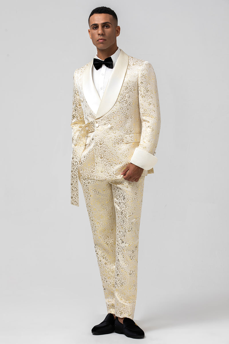 Load image into Gallery viewer, Champagne Shawl Lapel Jacquard 2 Piece Prom Suits