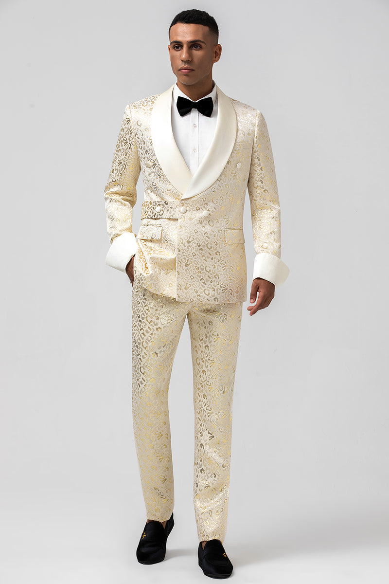 Load image into Gallery viewer, Champagne Shawl Lapel Jacquard 2 Piece Prom Suits