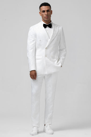 White Peak Lapel Jacquard Double Breasted 2 Piece Prom Suits