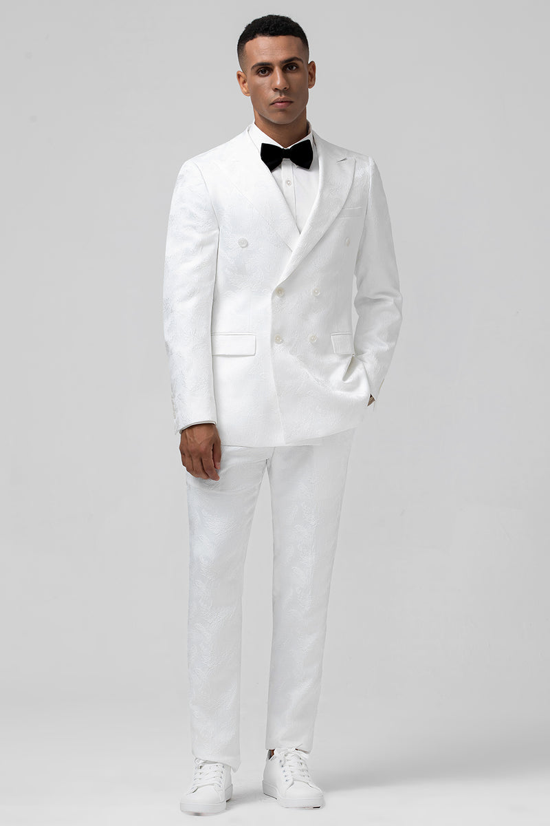 Load image into Gallery viewer, White Peak Lapel Jacquard Double Breasted 2 Piece Prom Suits