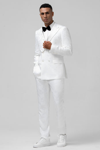 White Peak Lapel Jacquard Double Breasted 2 Piece Prom Suits