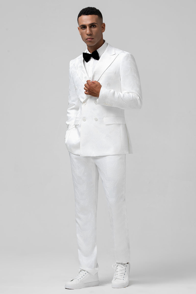 Load image into Gallery viewer, White Peak Lapel Jacquard Double Breasted 2 Piece Prom Suits