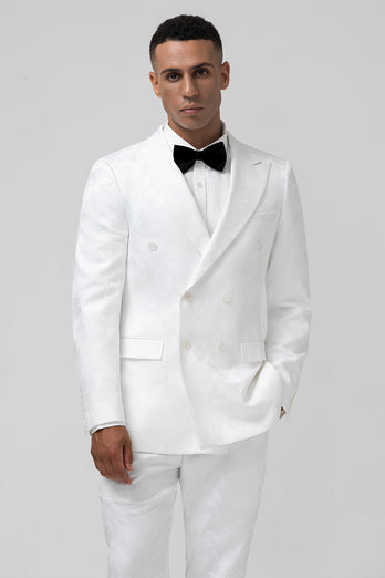 White Peak Lapel Jacquard Double Breasted 2 Piece Prom Suits