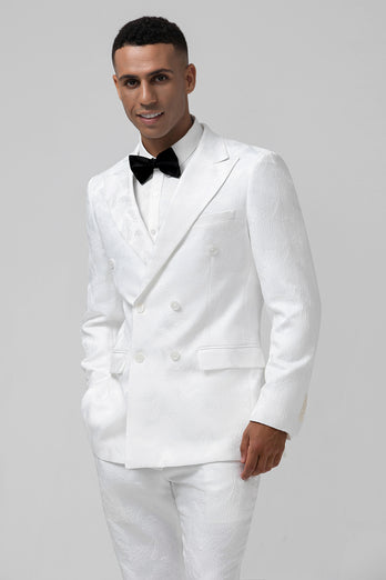 White Peak Lapel Jacquard Double Breasted 2 Piece Prom Suits