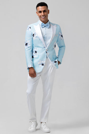 Light Blue Peak Lapel Floral One Button 2 Piece Prom Suits