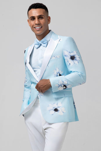 Light Blue Peak Lapel Floral One Button 2 Piece Prom Suits