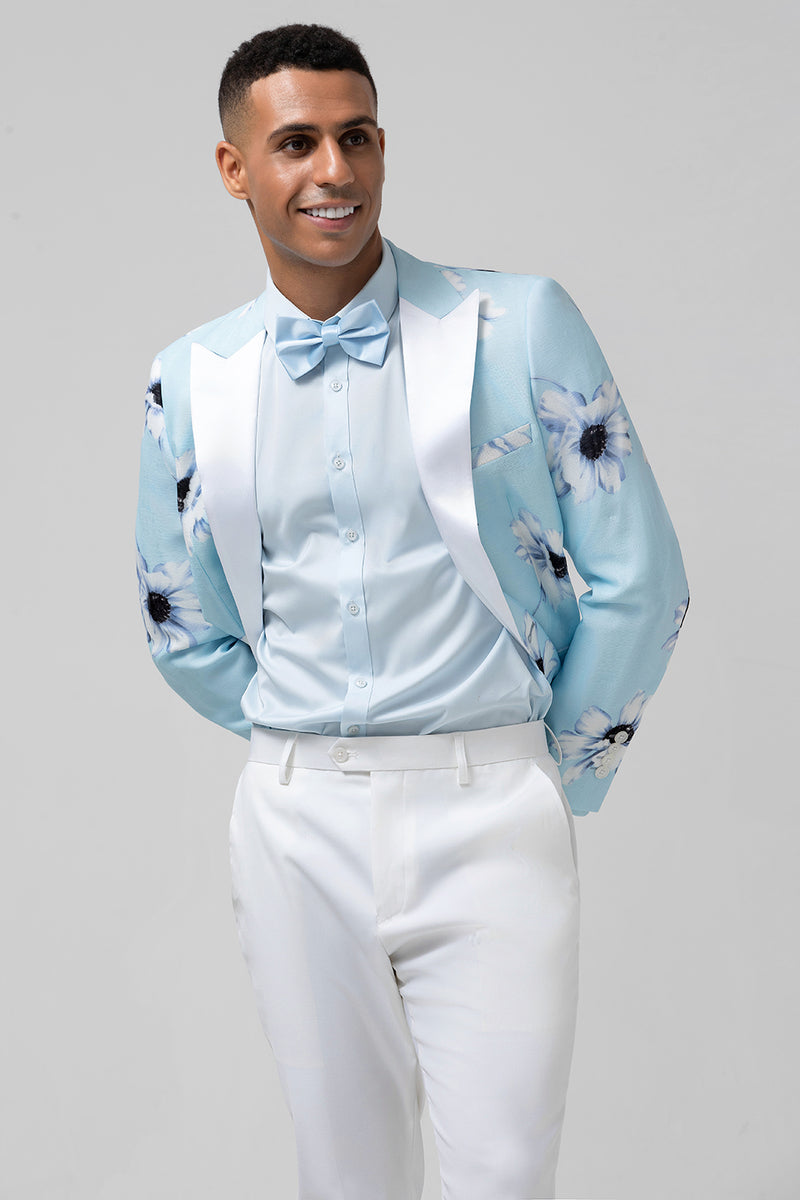 Load image into Gallery viewer, Light Blue Peak Lapel Floral One Button 2 Piece Prom Suits