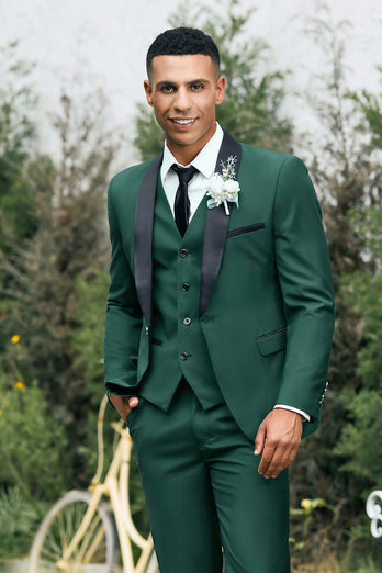 Dark Green Shawl Lapel One Button 3 Piece Prom Suits