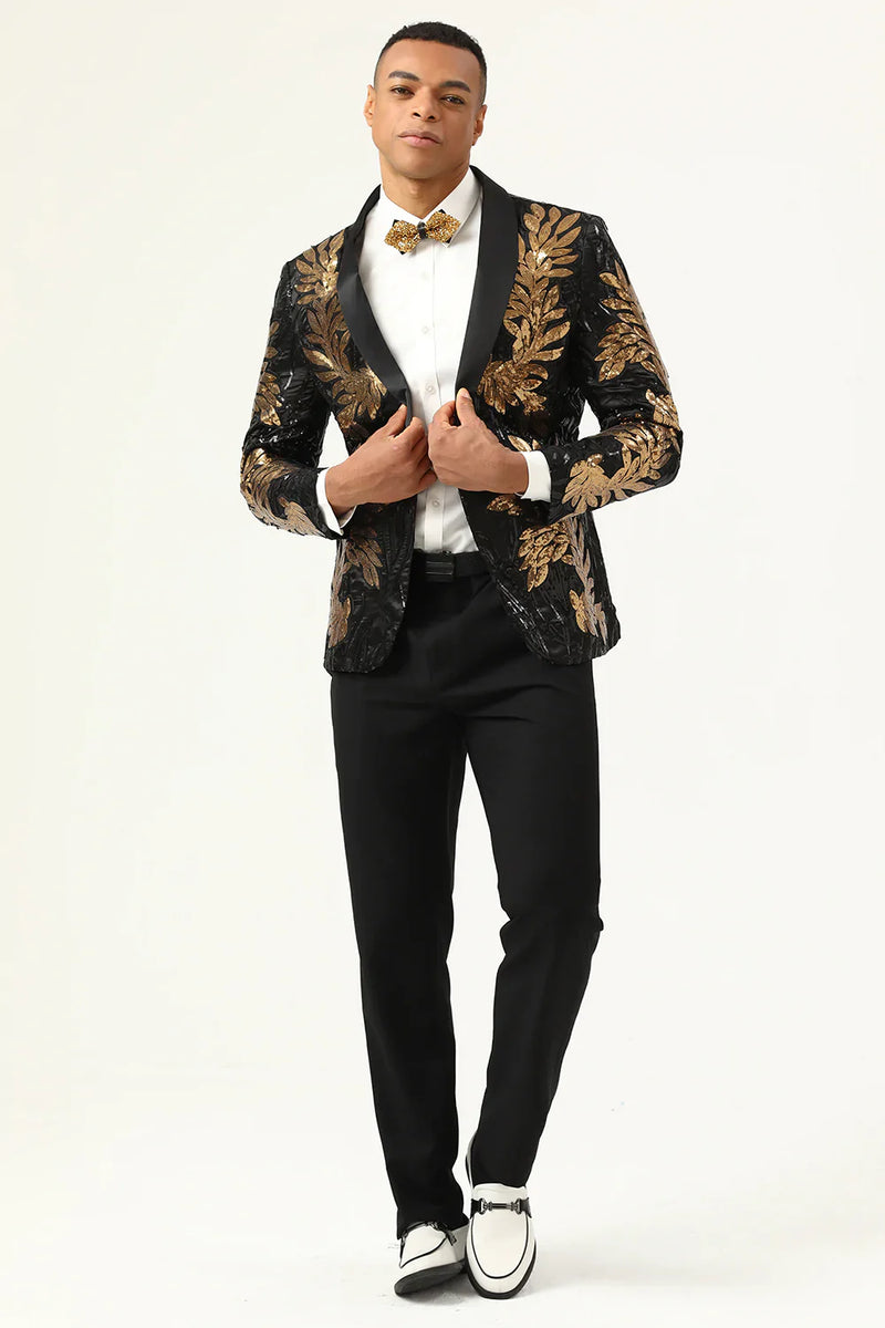 Load image into Gallery viewer, 2 Piece Black and Gold Jacquard Sequins Men&#39;s Prom Suits