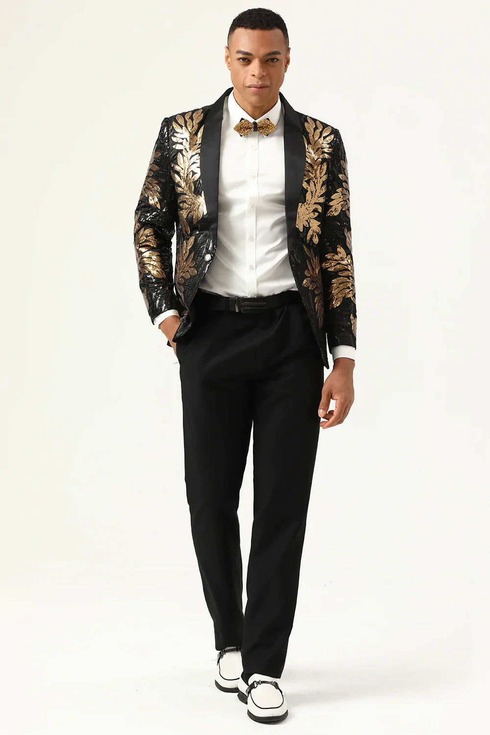 2 Piece Black and Gold Jacquard Sequins Men's Prom Suits