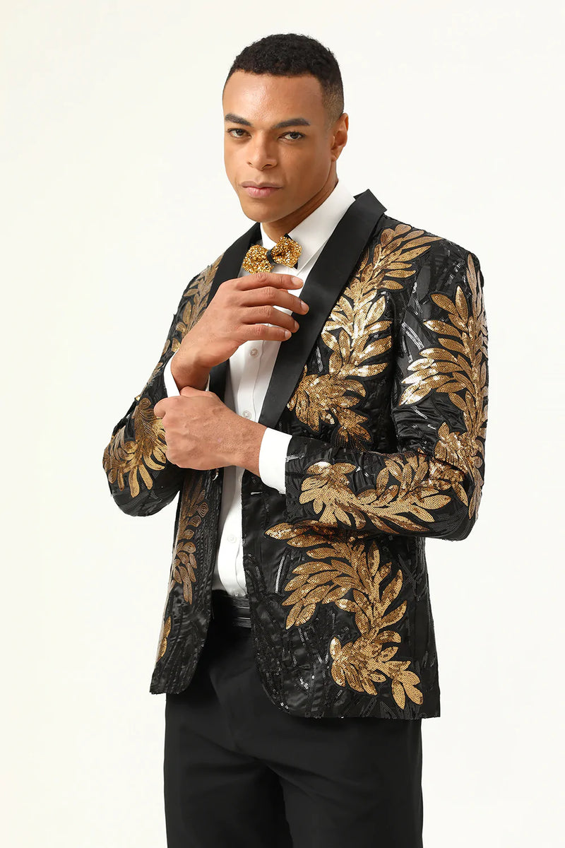 Load image into Gallery viewer, 2 Piece Black and Gold Jacquard Sequins Men&#39;s Prom Suits