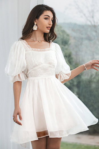 Tulle Pleated Little White Dress with Lace-up Back