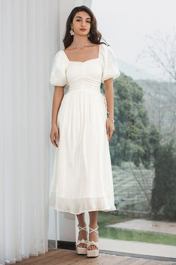 A Line Pleated Little White Dress with Puff Sleeves