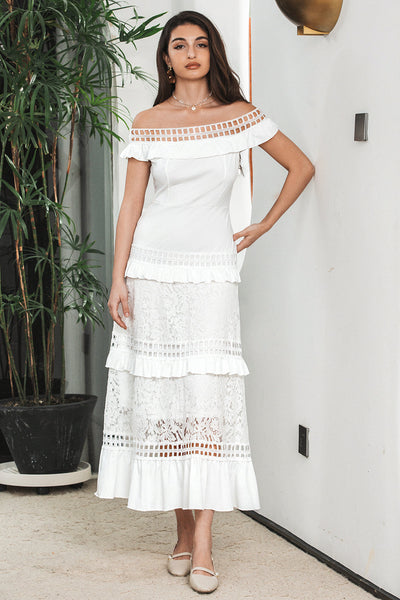 White Tiered Long Boho Engagement Party Dress with Lace