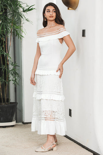 White Tiered Long Boho Engagement Party Dress with Lace