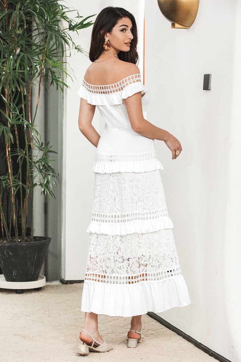 Load image into Gallery viewer, White Tiered Long Boho Engagement Party Dress with Lace