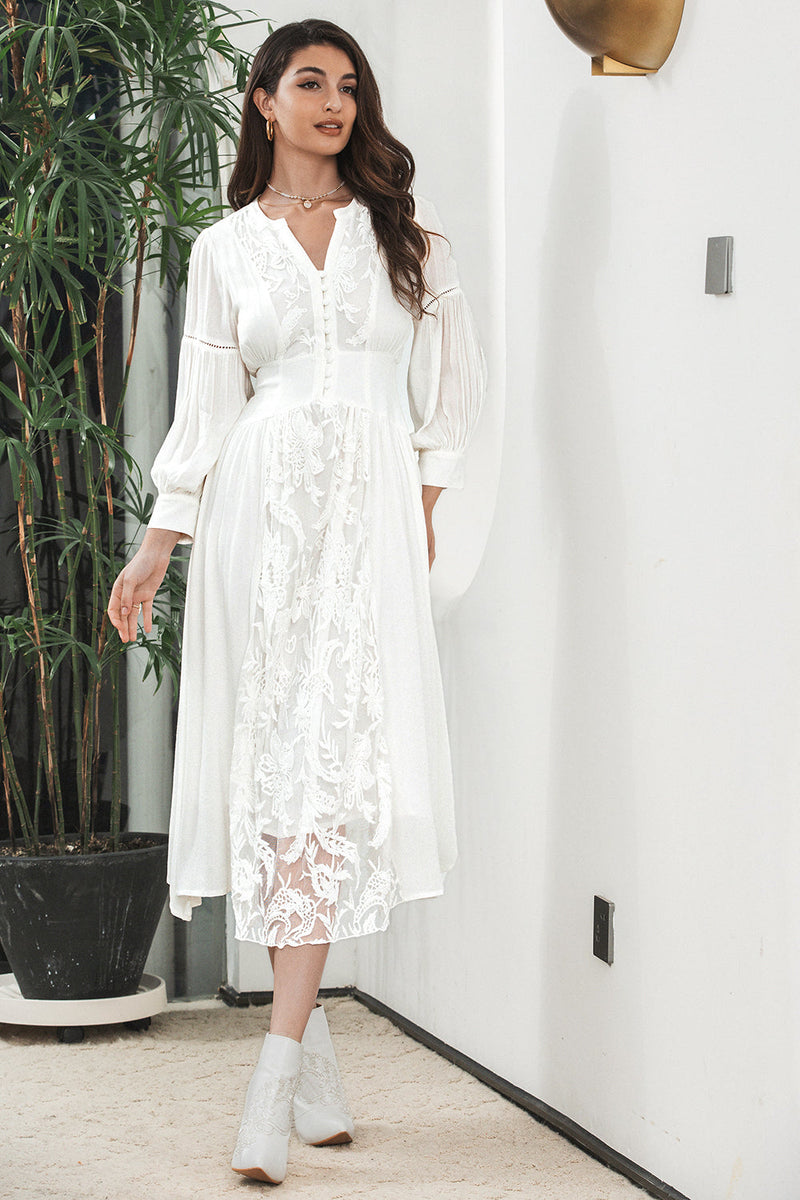 Load image into Gallery viewer, White Boho Long Sleeves Engagement Party Dress with Lace