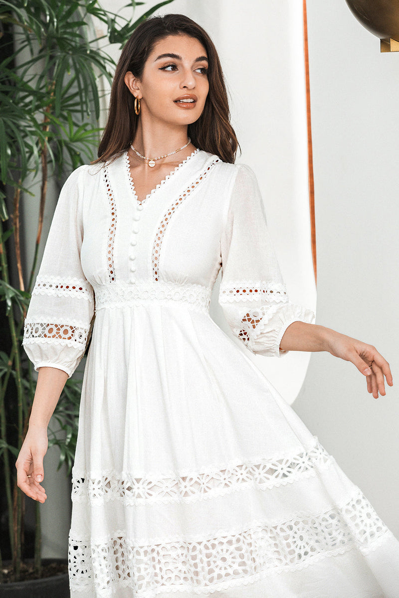 Load image into Gallery viewer, White 3/4 Sleeves Boho Engagement Party Dress with Lace