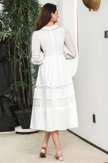 White 3/4 Sleeves Boho Engagement Party Dress with Lace