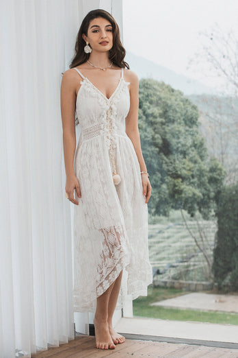 Spaghetti Straps High-Low Little White Dress with Lace